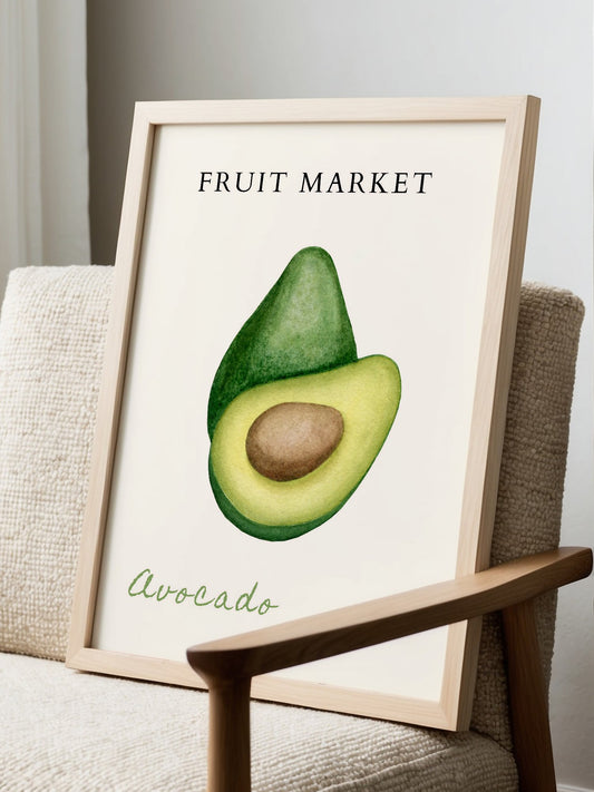 Minimalist avocado botanical print showing halved fruit with pit, soft, displayed in modern living room setting