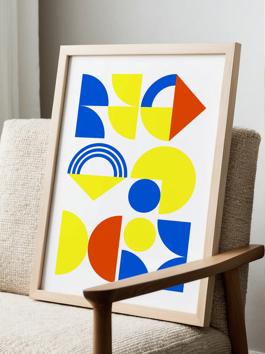 Bauhaus geometric abstract art print with blue quarter-circles, yellow circles, displayed in modern living room setting