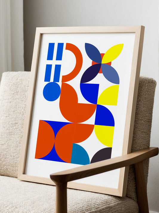 Bauhaus geometric wall art with blue circles, orange semicircles, yellow, displayed in modern living room setting