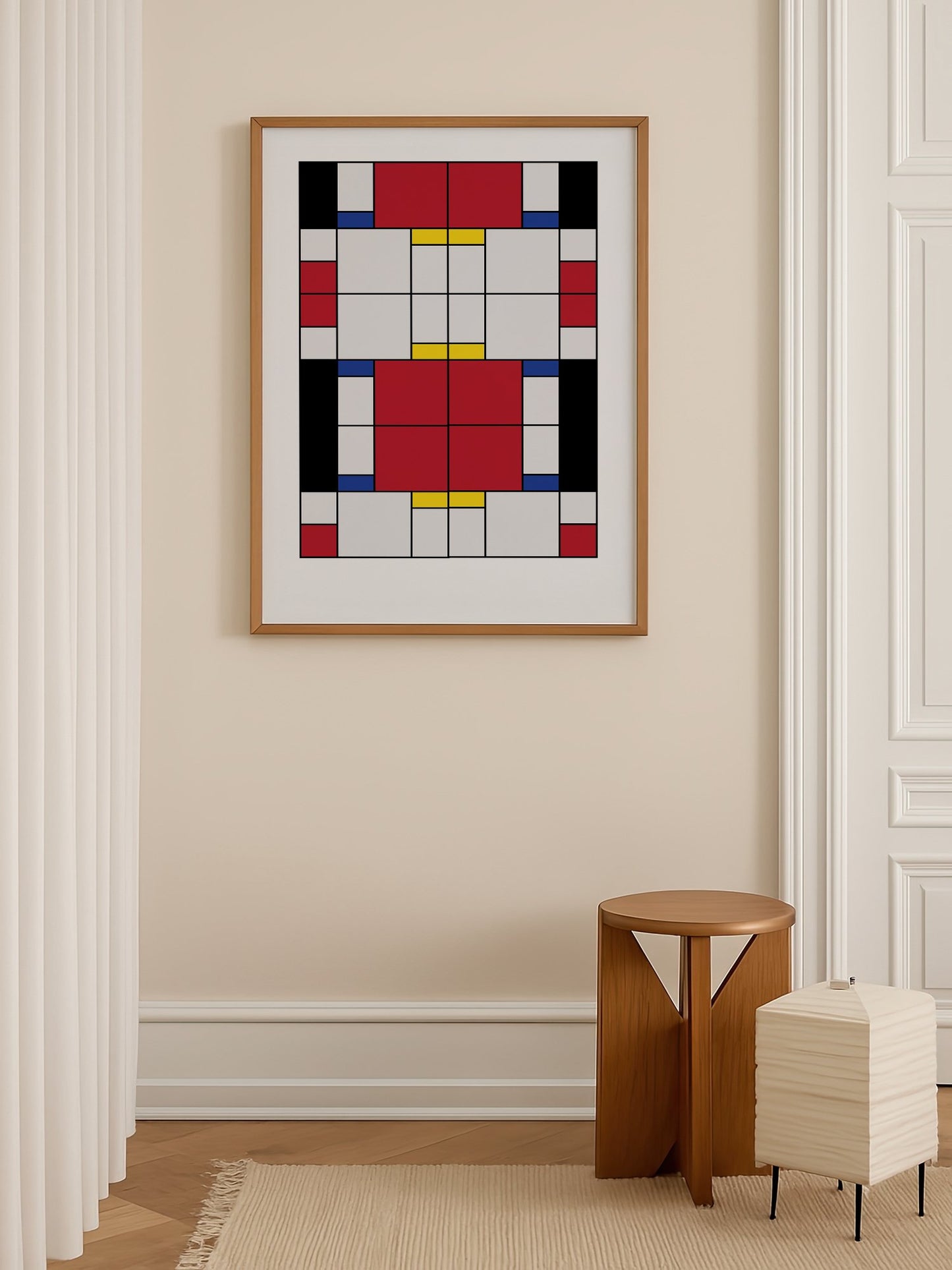 Bauhaus geometric abstract art print with red white and blue rectangular blocks, shown in minimalist home office space