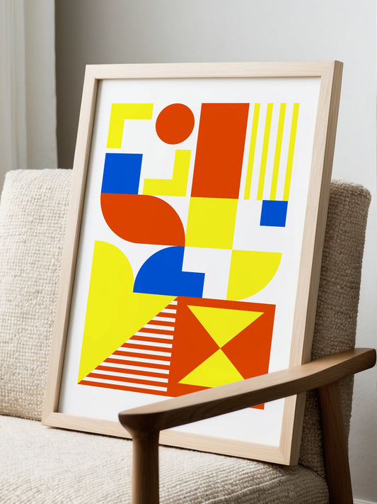 Bauhaus geometric abstract wall art with yellow, orange and blue circles, displayed in modern living room setting