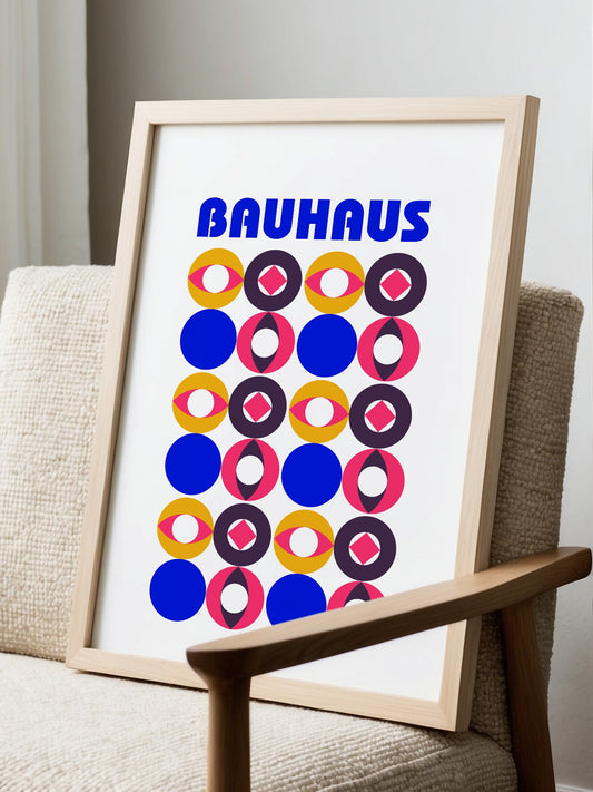 Bauhaus poster with geometric grid of colourful circles in blue pink yellow and, displayed in modern living room setting