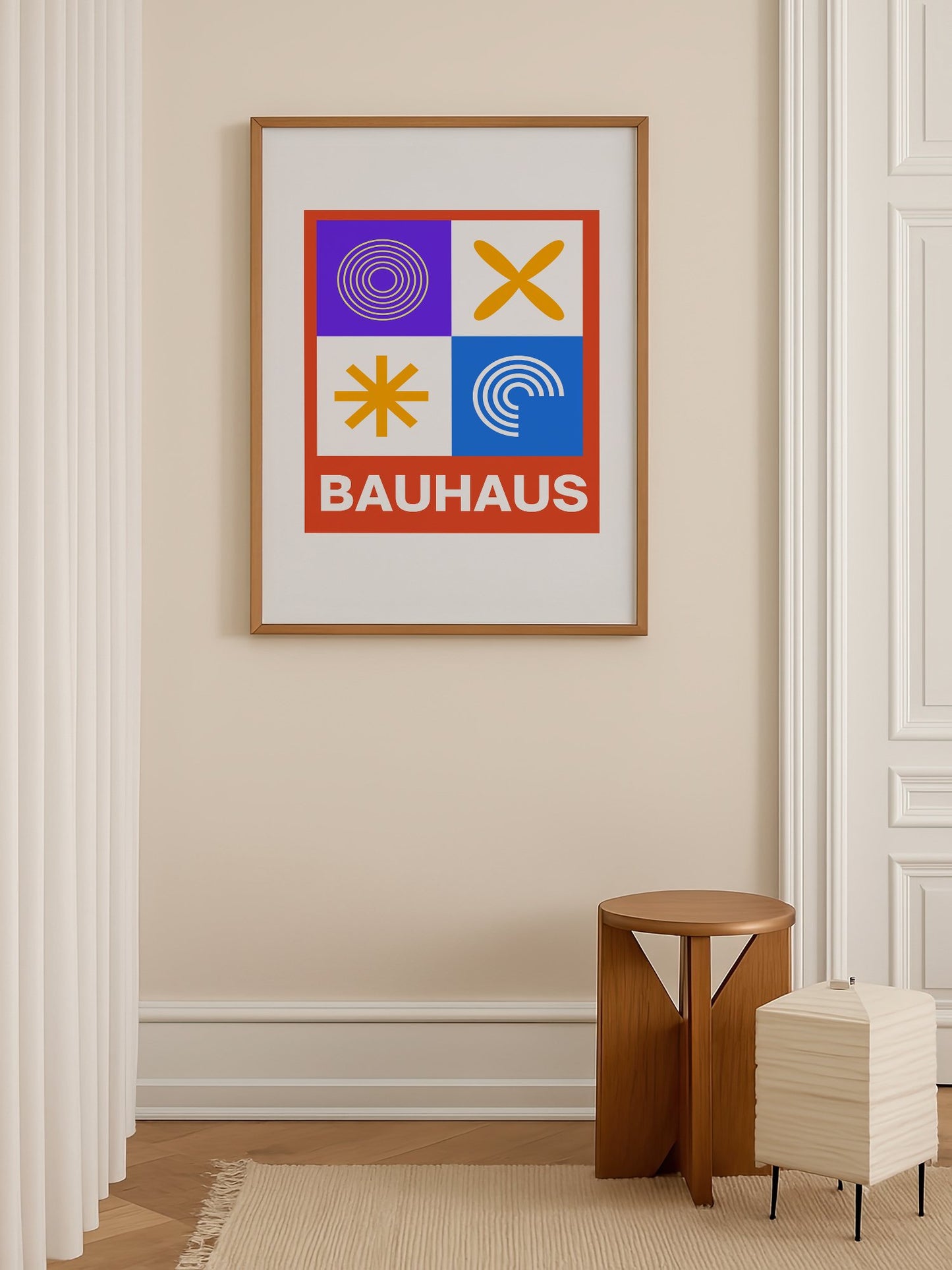 Bauhaus poster with geometric grid design featuring concentric circles, shown in minimalist home office space
