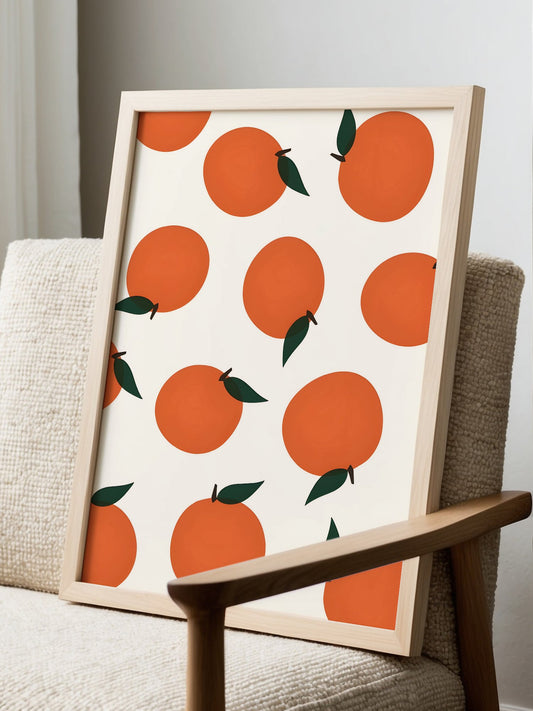Repeating pattern of orange citrus fruits with dark green leaves on cream, displayed in modern living room setting