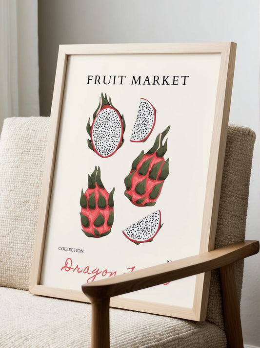 Dragon fruit botanical illustration print with whole pink fruits and white, displayed in modern living room setting