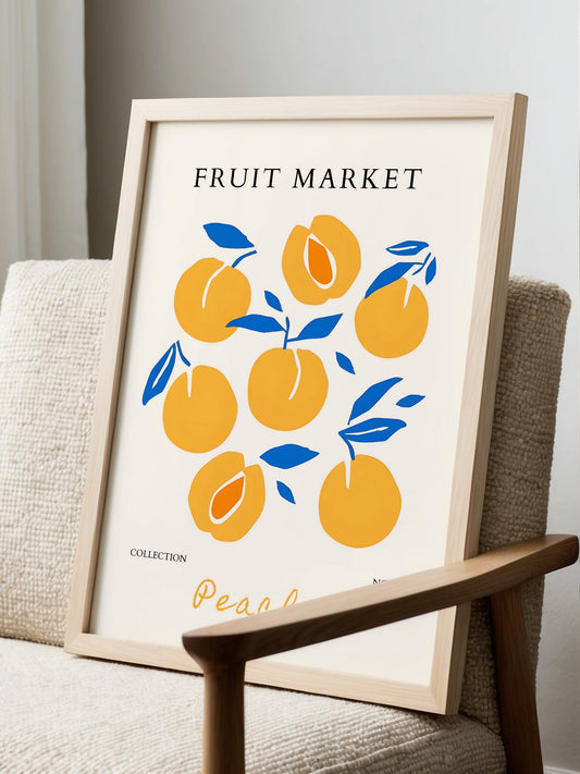 Minimalist fruit market poster featuring six golden yellow peaches with, displayed in modern living room setting