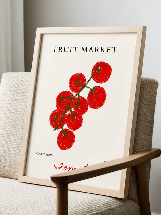 Fruit market poster featuring red tomatoes on green vine, minimalist botanical, displayed in modern living room setting