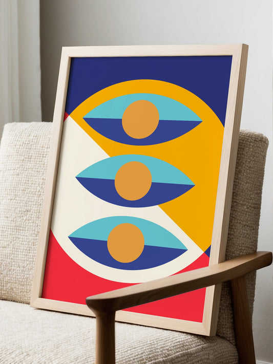 Geometric abstract wall art with three stylized eyes in turquoise, orange and, displayed in modern living room setting