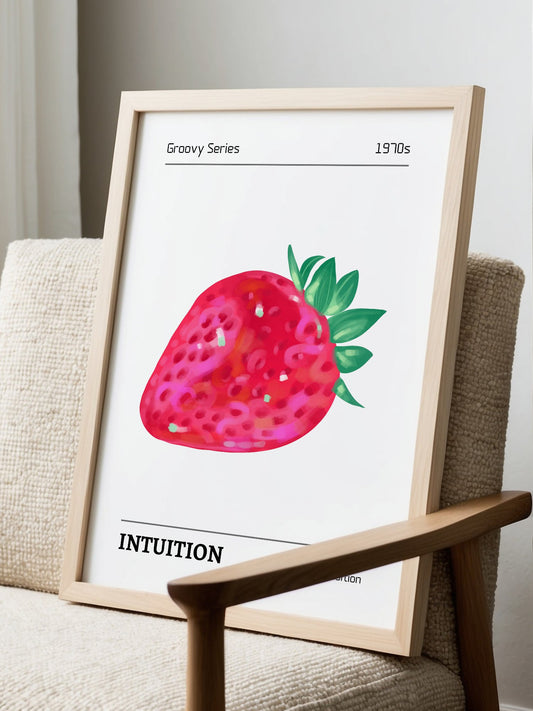 Vibrant pink strawberry pop art illustration with green leaves on white, displayed in modern living room setting