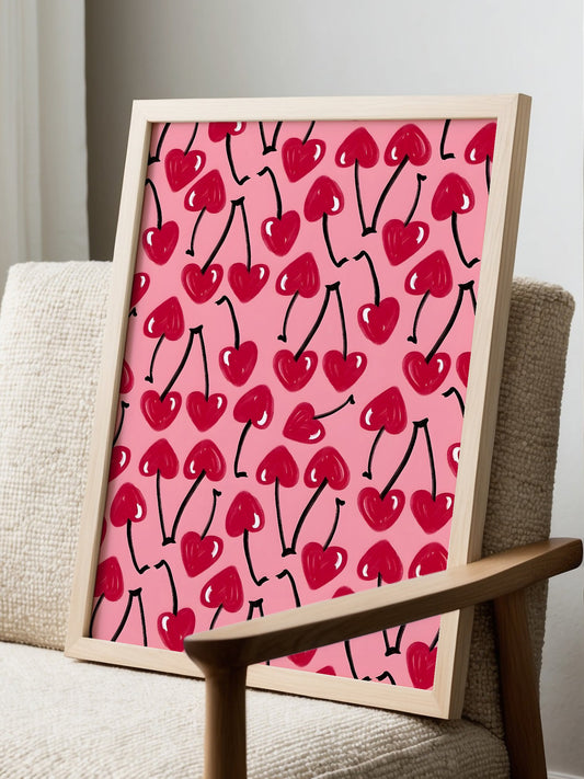 Whimsical heart-shaped red cherries pattern on soft pink background, playful, displayed in modern living room setting