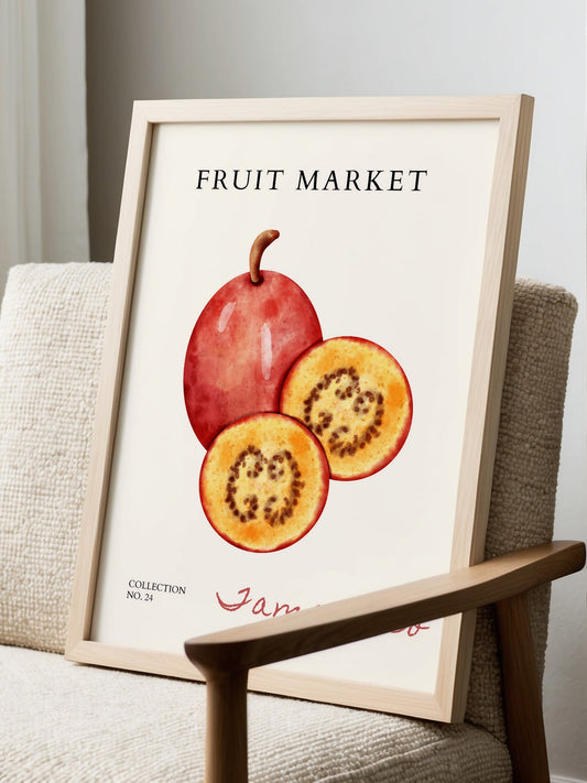 Botanical illustration of red jamarillo pear with cross-section showing yellow, displayed in modern living room setting