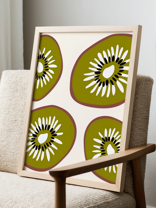 Modern botanical art print featuring four kiwi fruit cross-sections in grid, displayed in modern living room setting
