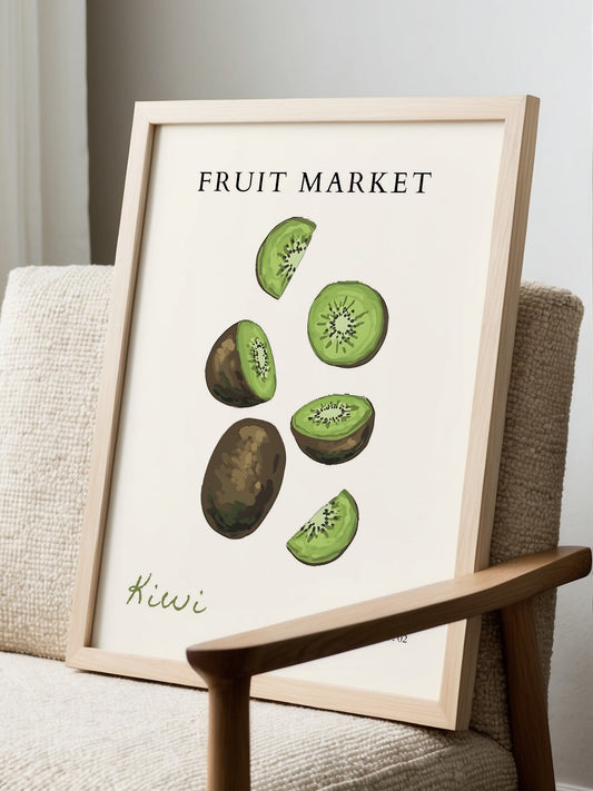 Minimalist kiwi fruit illustration with whole fruits and sliced cross-sections, displayed in modern living room setting