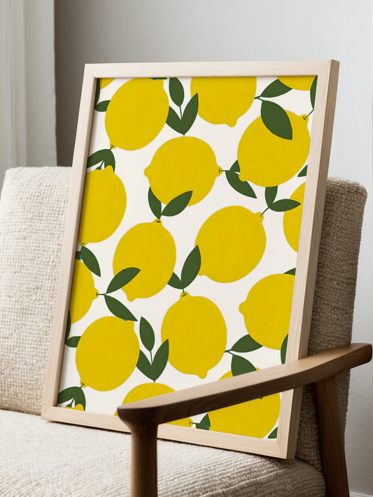 Seamless lemon pattern wall art print with bright yellow citrus fruits and dark, displayed in modern living room setting
