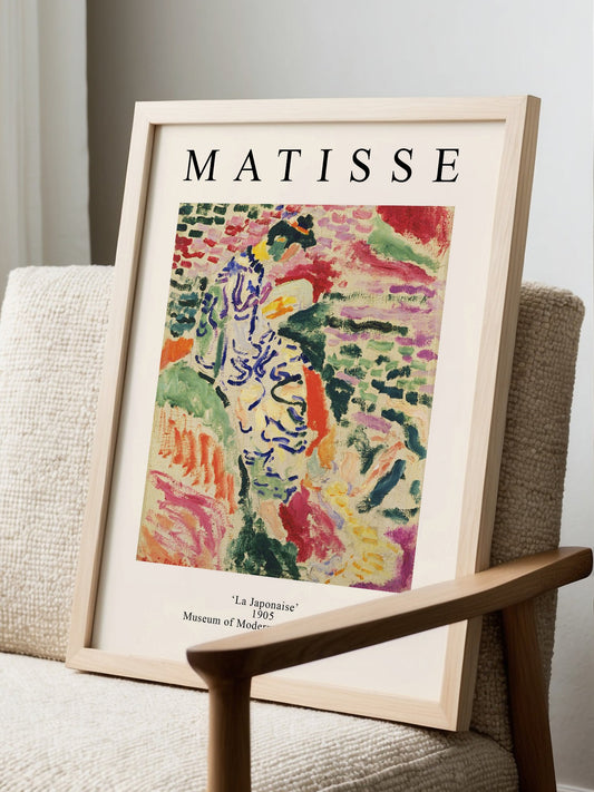 Henri Matisse La Japonaise 1905 Fauvist painting with bold pink, green, and, displayed in modern living room setting