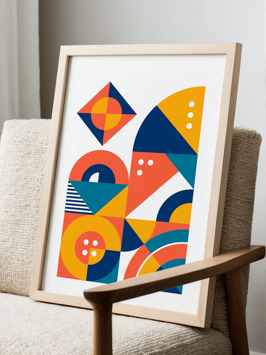Geometric abstract wall art with interlocking shapes in coral red, navy blue, displayed in modern living room setting