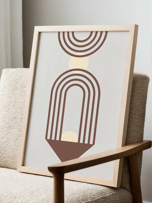 Minimalist geometric wall art print with concentric brown semicircular arches, displayed in modern living room setting
