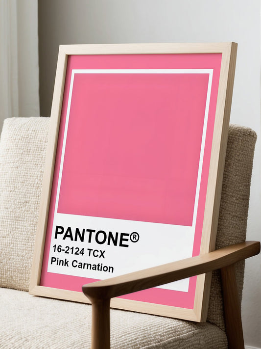 Minimalist solid color wall art print in Pantone Pink Carnation, modern, displayed in modern living room setting