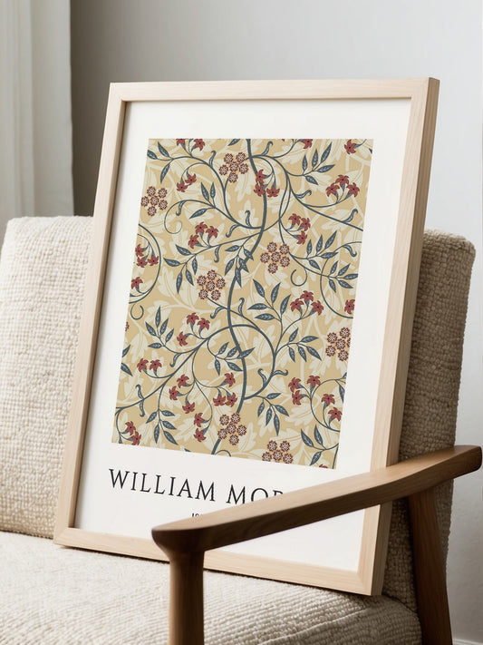Vintage floral art print featuring Morris-style vines and blossoms, earthy, displayed in modern living room setting