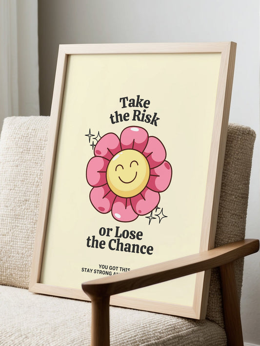 Smiling pink flower illustration with yellow center, motivational quote Take, displayed in modern living room setting