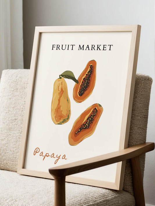 Papaya fruit market illustration with whole papaya and two halves showing, displayed in modern living room setting