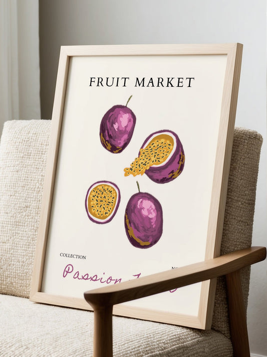Passion fruit botanical illustration with purple whole fruits and golden yellow, displayed in modern living room setting