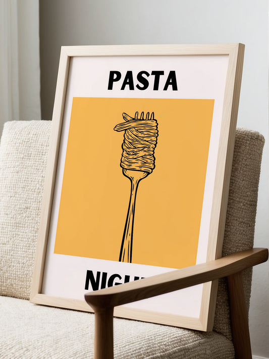 Pasta Night typography poster featuring black illustrated fork with twirled, displayed in modern living room setting