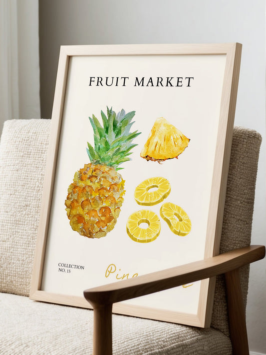Botanical watercolor illustration of whole pineapple with green crown and fresh, displayed in modern living room setting
