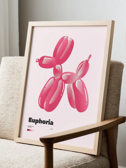 Contemporary pink balloon dog art print with glossy reflective surfaces, pop, displayed in modern living room setting