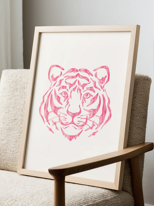 Pink watercolor tiger head portrait with magenta tones and flowing brushstrokes, displayed in modern living room setting