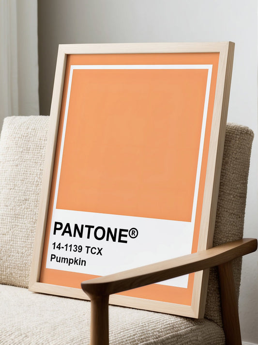 Pantone Pumpkin 14-1139 TCX orange wall art print, minimalist graphic poster, displayed in modern living room setting
