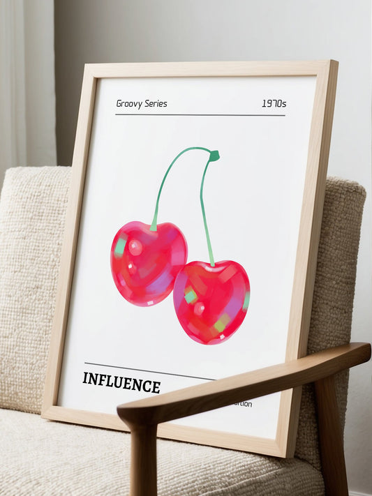 Retro 1970s pop art print of two glossy red cherries with green stem on white, displayed in modern living room setting