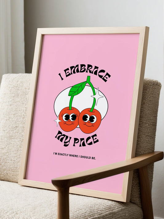 Retro illustration of two smiling cherries with faces, pink background, embrace, displayed in modern living room setting