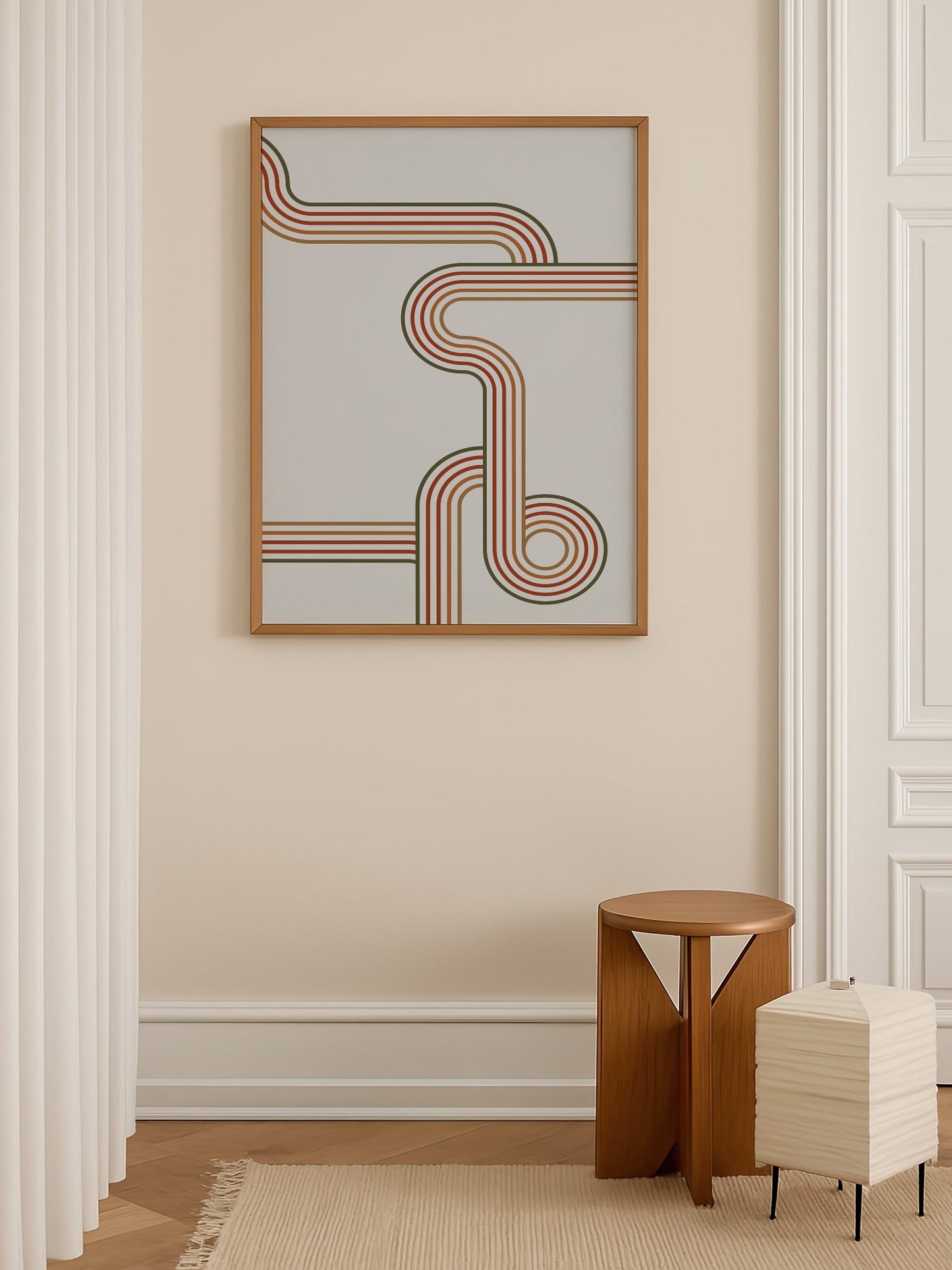 Abstract geometric wall art with flowing curved parallel lines in rust red, shown in minimalist home office space