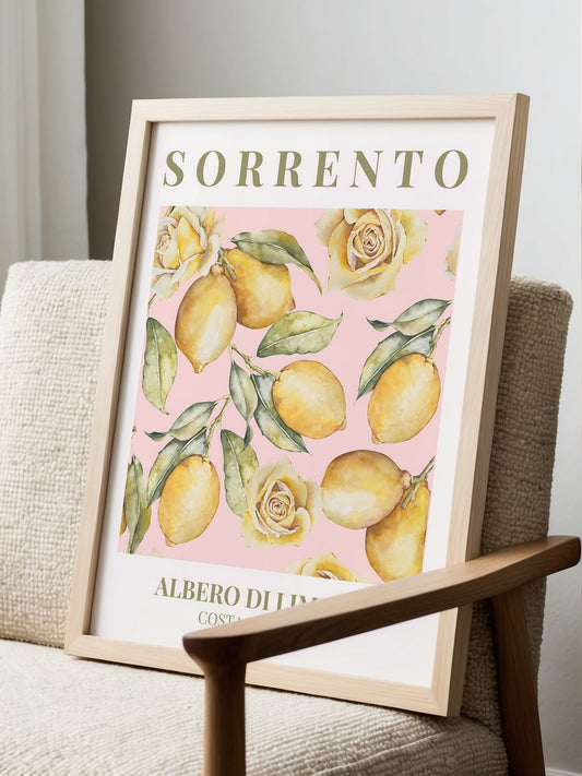 Botanical art print featuring golden Sorrento lemons and cream roses on soft, displayed in modern living room setting