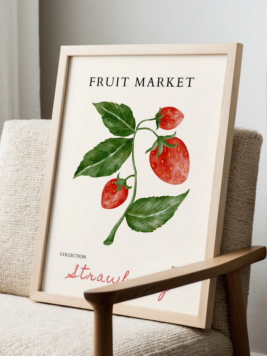 Vintage strawberry botanical illustration with three red strawberries, green, displayed in modern living room setting
