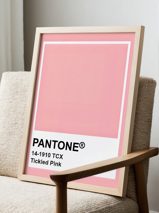 Modern solid color wall art print featuring Pantone 14-1910 TCX Tickled Pink, displayed in modern living room setting