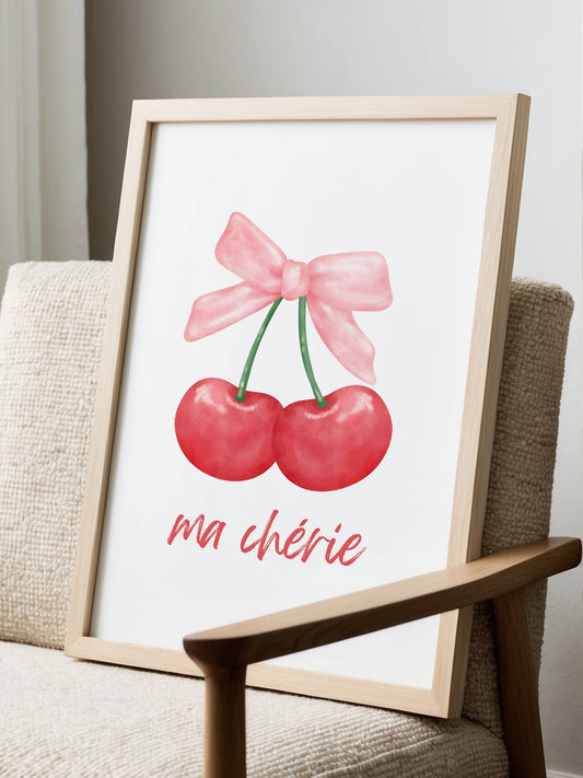 Watercolor cherries with pink bow illustration, romantic sweet design for wall, displayed in modern living room setting
