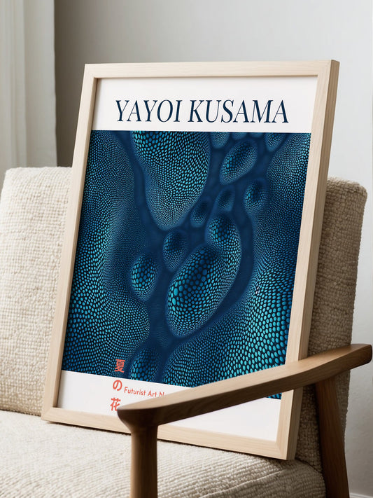 Yayoi Kusama abstract art print featuring blue dotted organic forms with cyan, displayed in modern living room setting