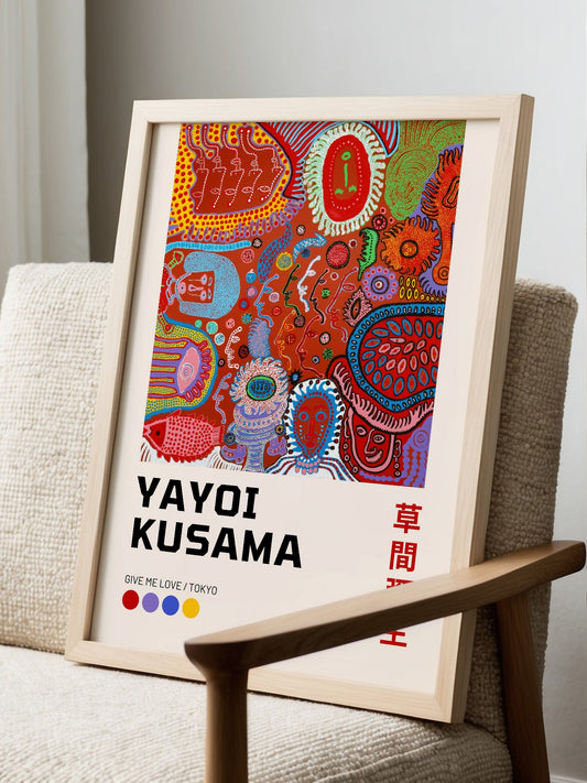 Yayoi Kusama Give Me Love Tokyo art print featuring colorful psychedelic faces, displayed in modern living room setting