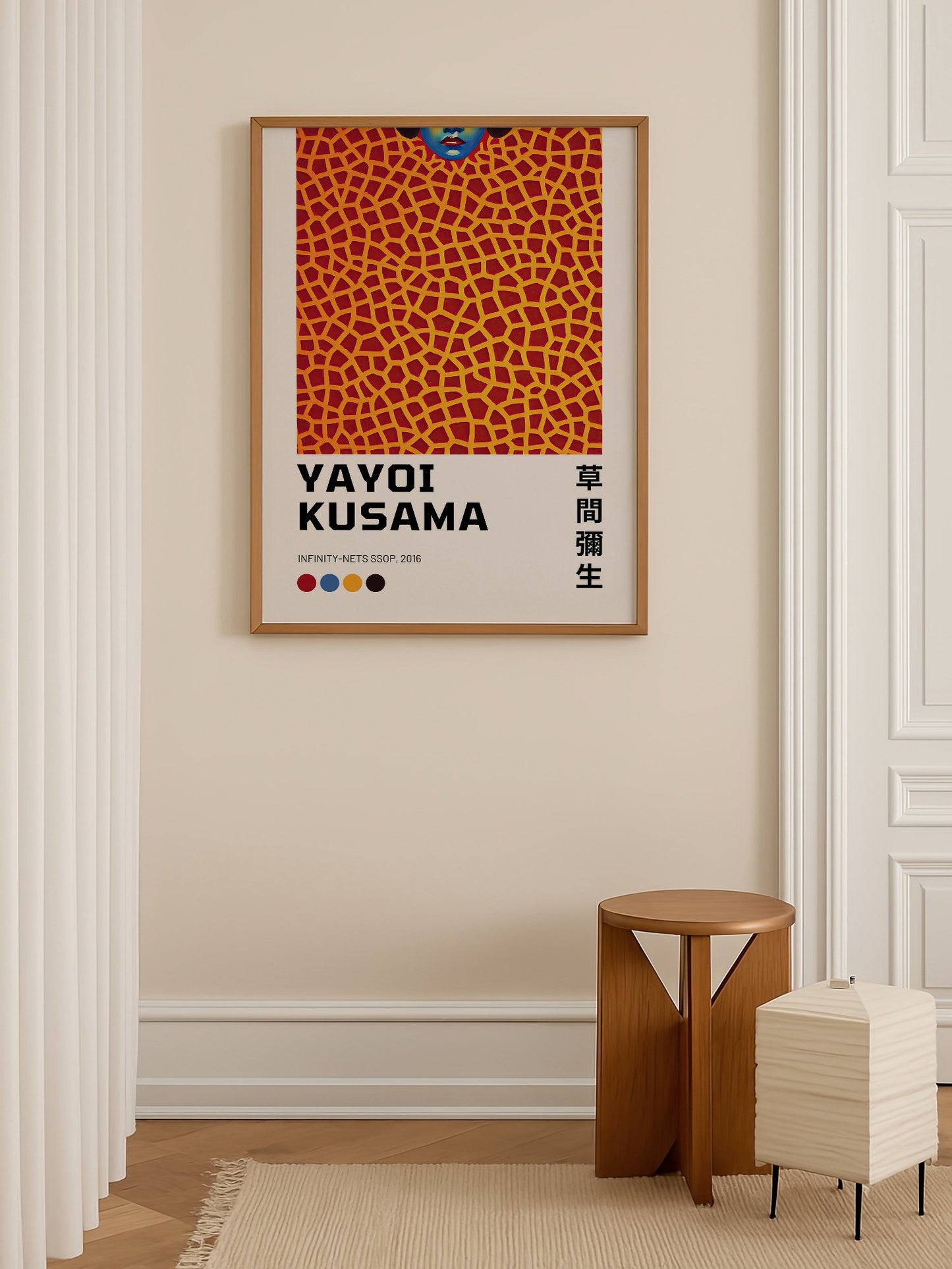 Yayoi Kusama Infinity Nets SSOP 2016 print featuring blue face emerging from, shown in minimalist home office space