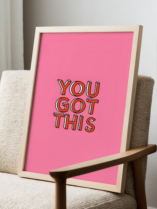 You Got This motivational wall art print with bold 3D orange letters on vibrant, displayed in modern living room setting