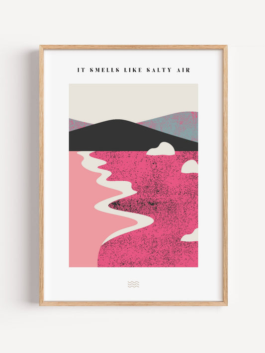 Abstract coastal landscape art print with layered pink hills, winding cream, close-up showing print texture and color detail