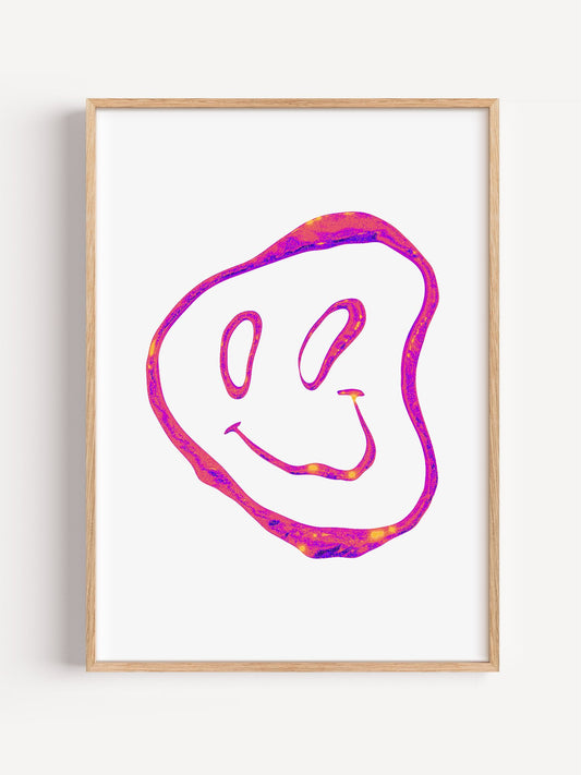 Abstract smiley face wall art with textured magenta and purple brushstrokes, close-up showing print texture and color detail