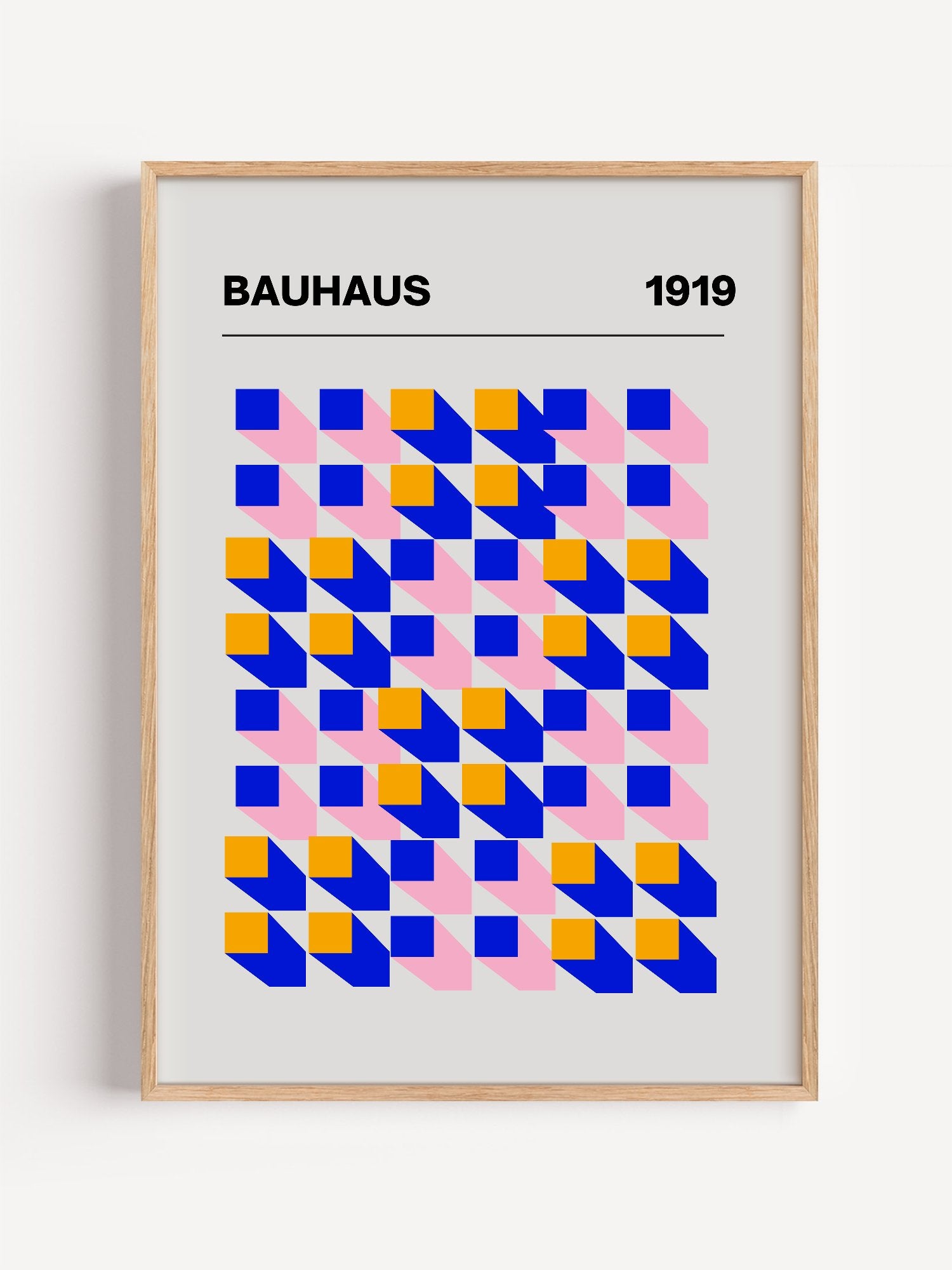 Bauhaus 1919 geometric abstract art print with interlocking blue yellow and, close-up showing print texture and color detail