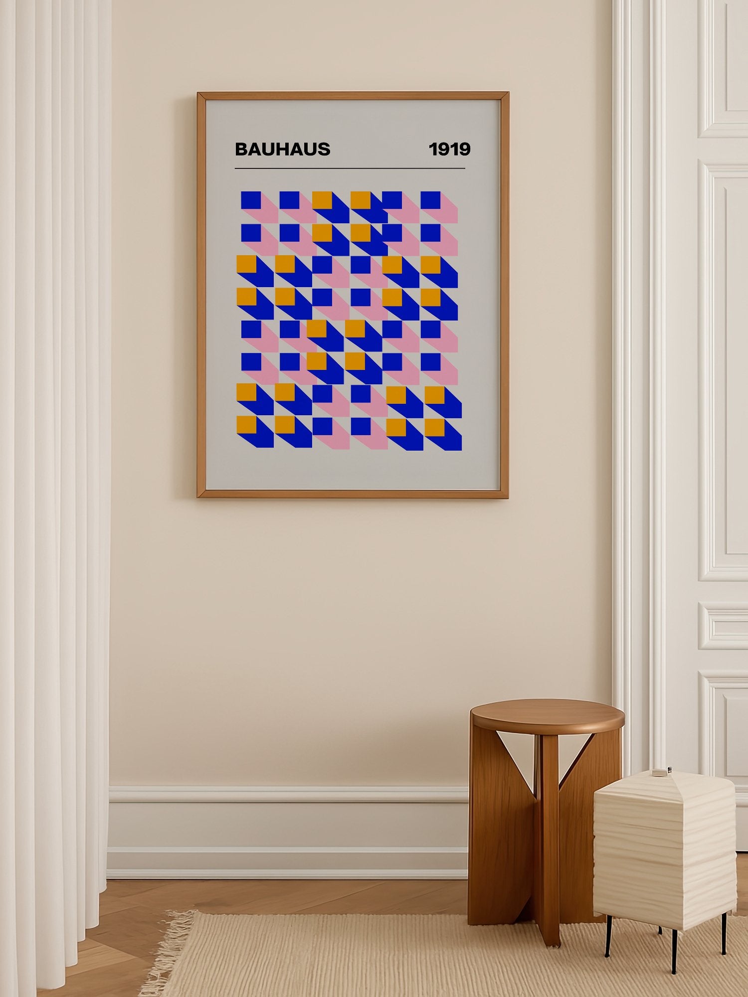 Bauhaus 1919 geometric abstract art print with interlocking blue yellow and, shown in minimalist home office space