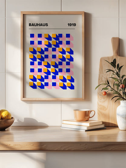 Bauhaus 1919 geometric abstract art print with interlocking blue yellow and, hanging in contemporary bedroom interior