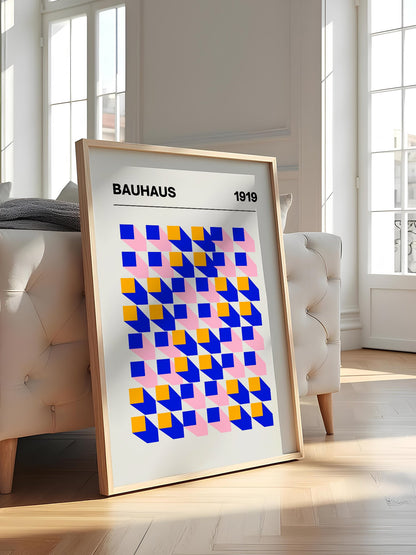Bauhaus 1919 geometric abstract art print with interlocking blue yellow and, featured in stylish apartment decor