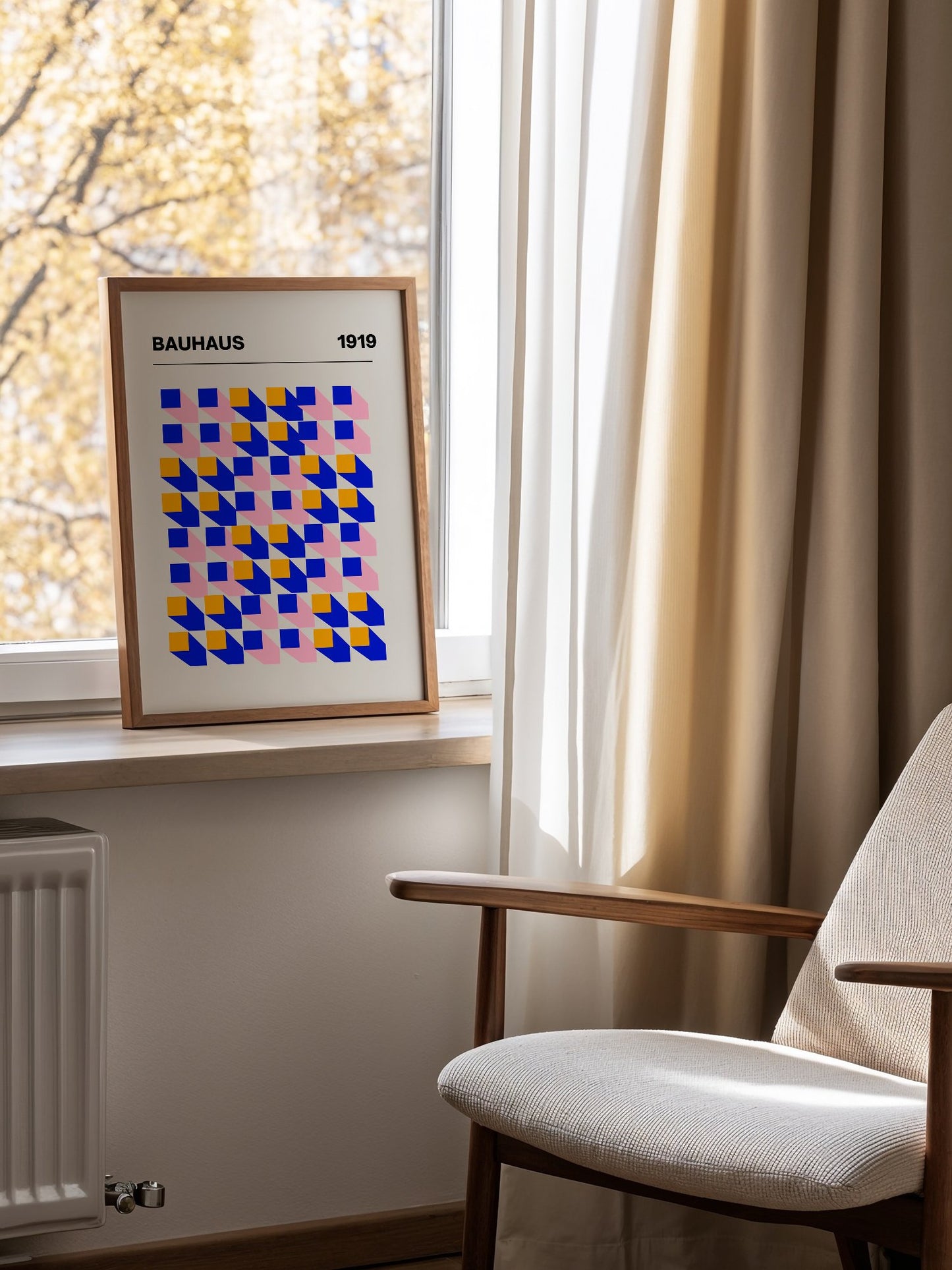 Bauhaus 1919 geometric abstract art print with interlocking blue yellow and, mounted in bright gallery wall arrangement