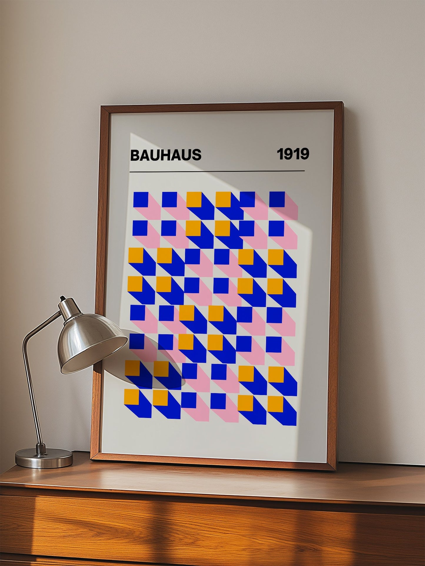 Bauhaus 1919 geometric abstract art print with interlocking blue yellow and, displayed in modern living room setting